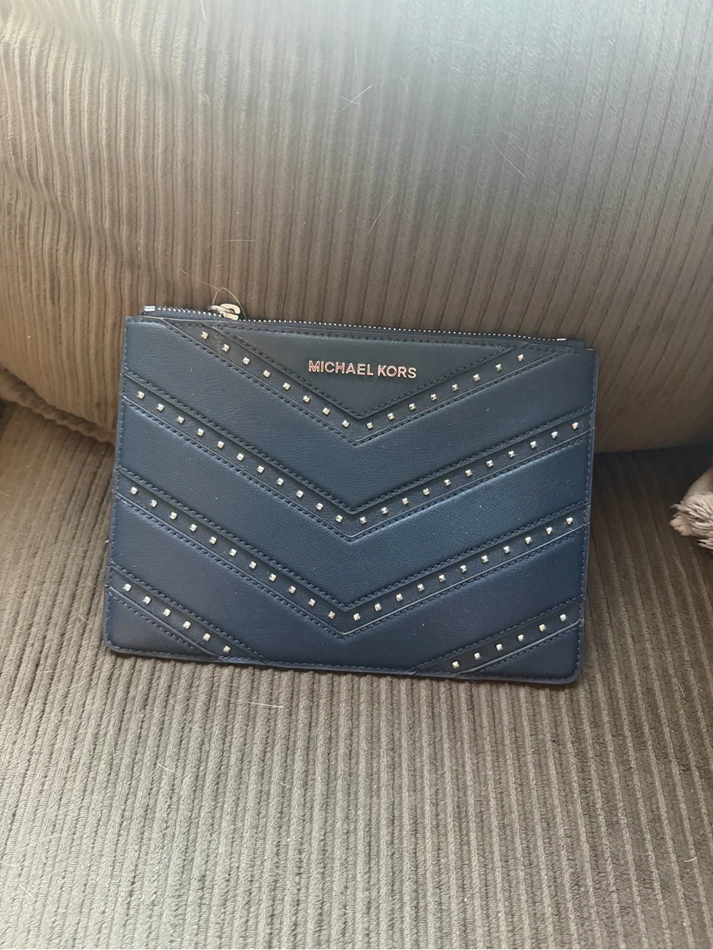 Michael Kors blue chevron studded wristlet clutch